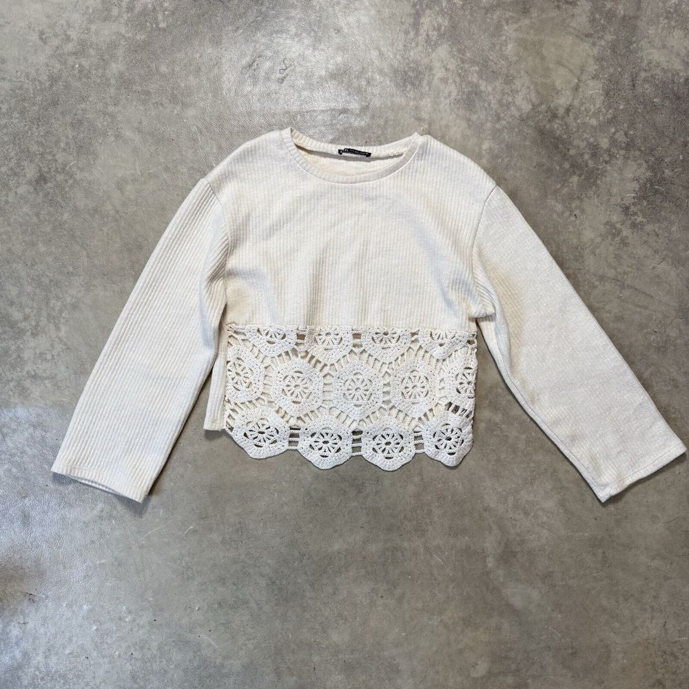Zara Sweater Womens Size Small Cream Lace Knit Crochet Long Sleeves Boho